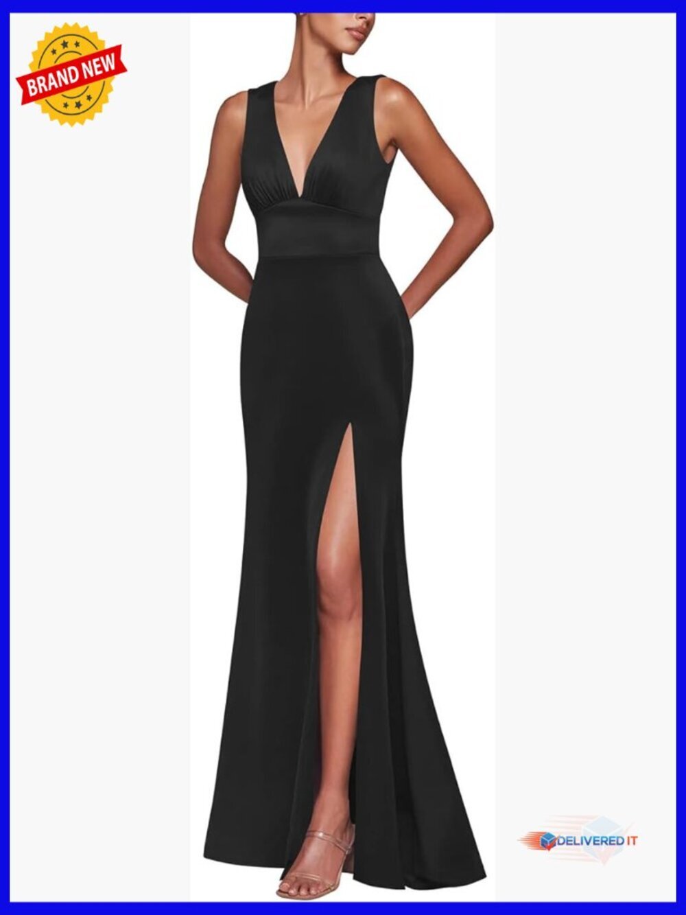 Sleeveless Deep V Neck Open Back High Split Formal Evening Maxi Dress